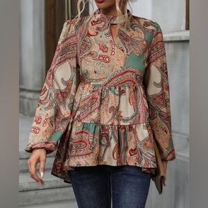 Paisley Print Lantern Sleeve Tiered Top EUC